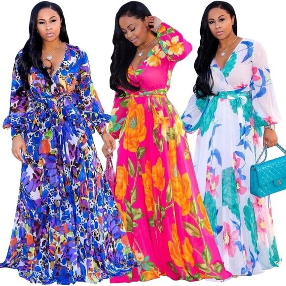 Womens Chiffon Deep V-Neck Stripe Printed Maxi Dress Unique Loose Summer Boho Dr - Picture 4 of 5